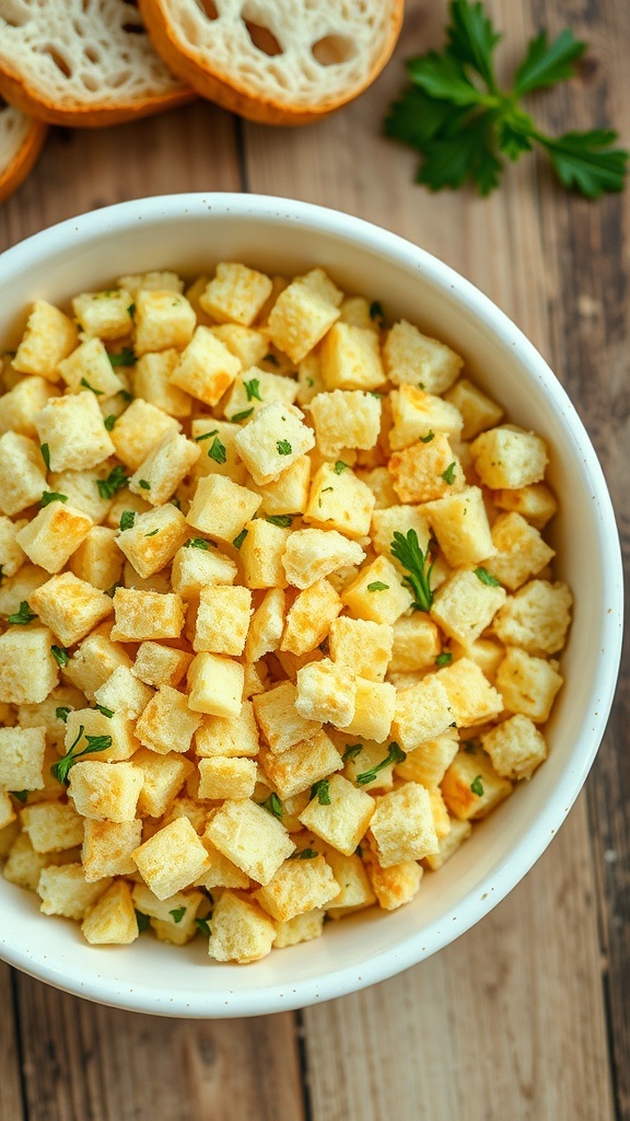Easy Homemade Bread Crumbs Recipe A bowl of crispy homemade bread crumbs with herbs on a rustic table.